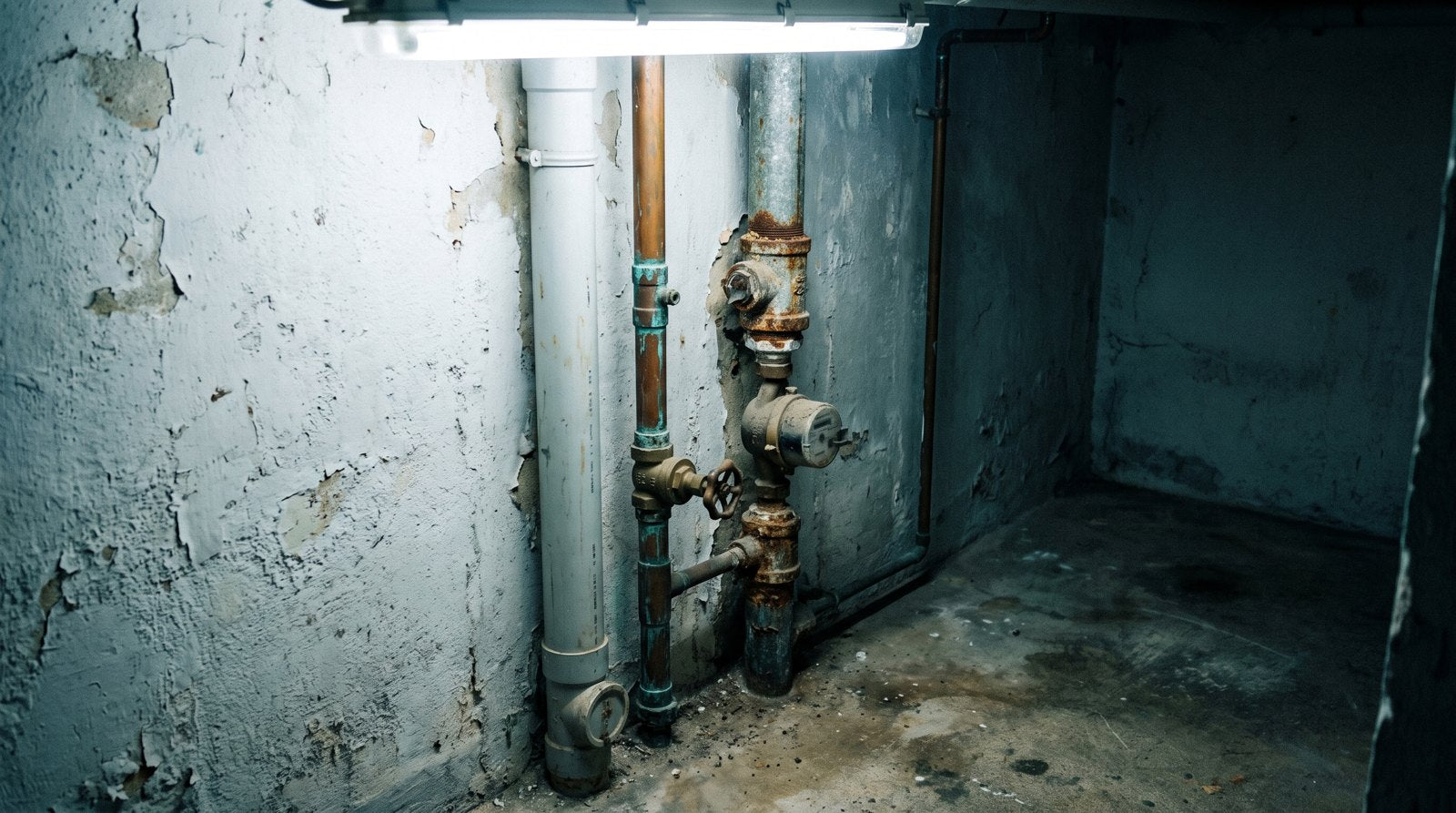 Colonne d'eau dans le sous-sol d'un immeuble ancien
