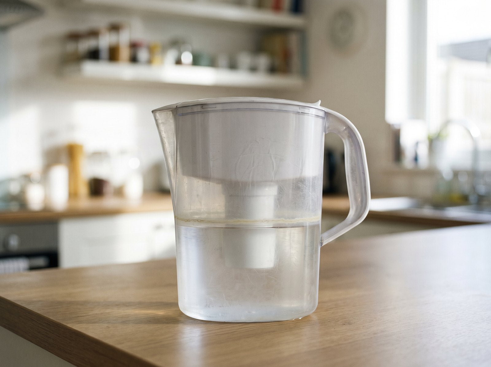 Carafe filtrante posée sur un plan de travail, eau immobile