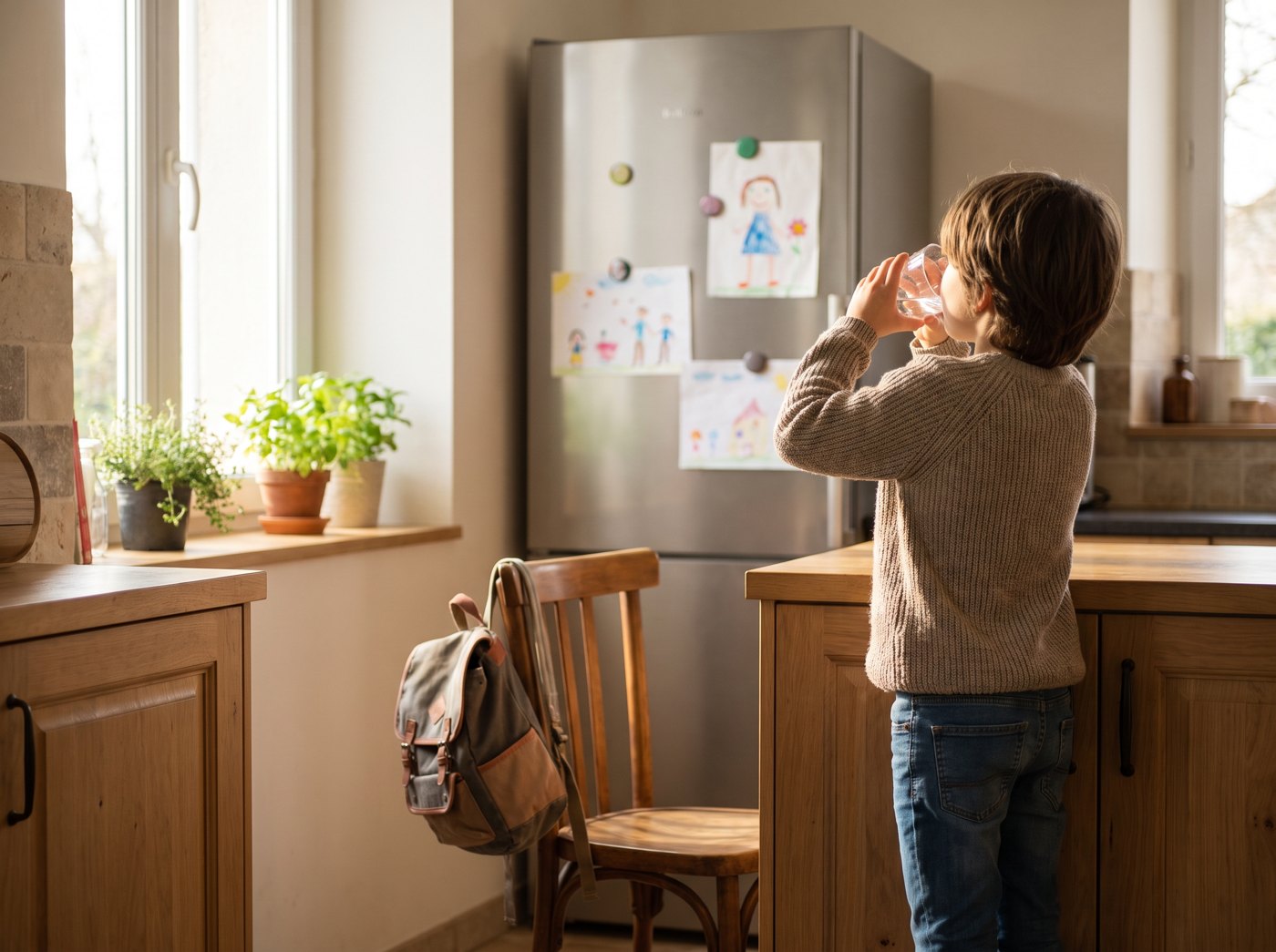 Enfant se servant un verre d'eau dans une cuisine