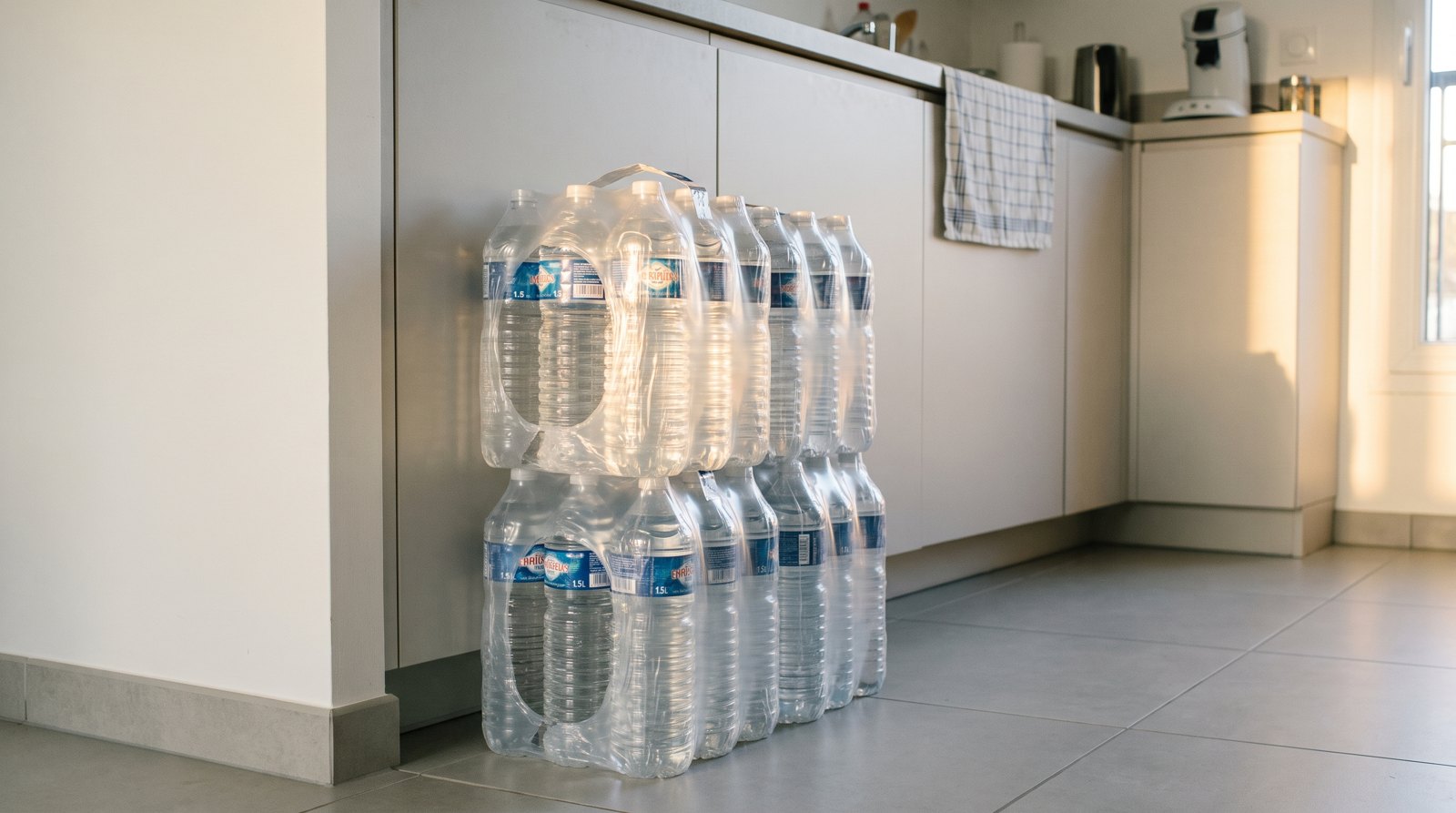 Packs de bouteilles d'eau stockés dans une cuisine