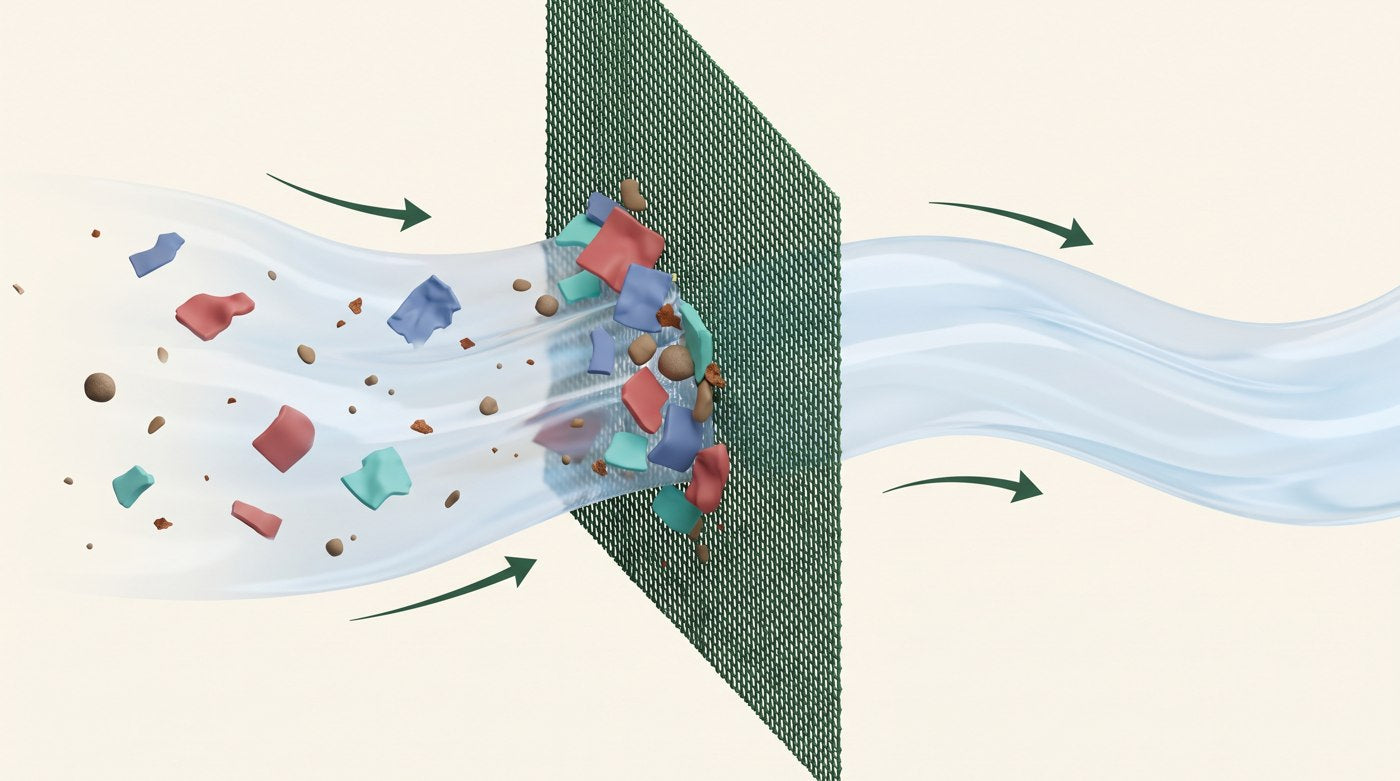 Schéma : les particules sont arrêtées par la membrane, seule l'eau passe