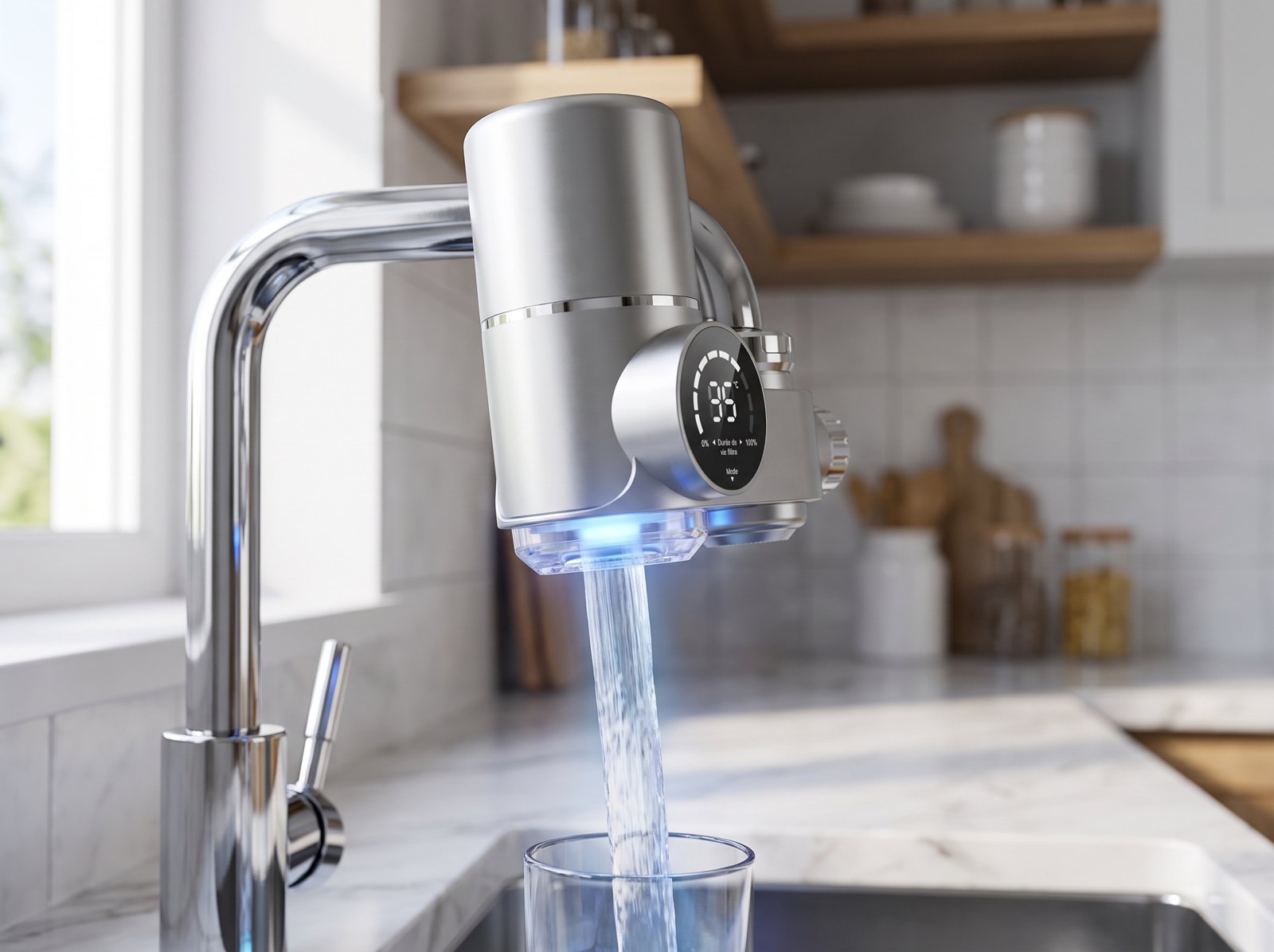 Le filtre VITAQ monté sur un robinet, lumière UV bleue visible dans le flux