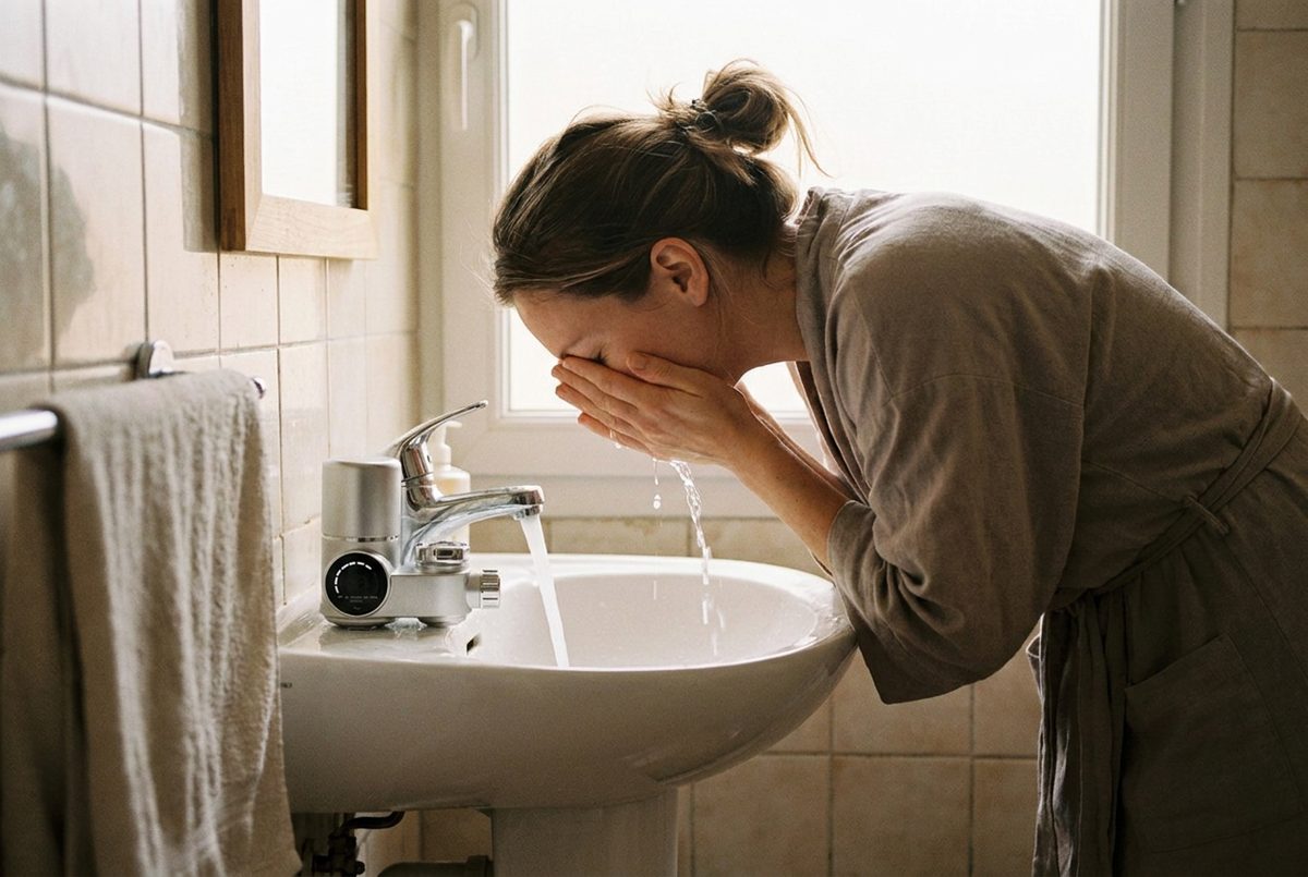 Le filtre VITAQ monté sur le robinet d'un lavabo de salle de bain
