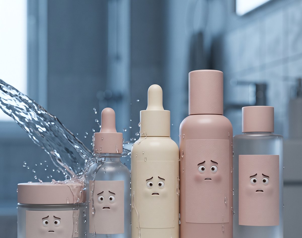 Une routine de soin posée sur le lavabo, arrosée par l'eau du robinet